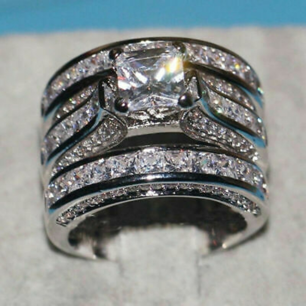Sterling Silver & White Sapphire Ring Set Sz 10